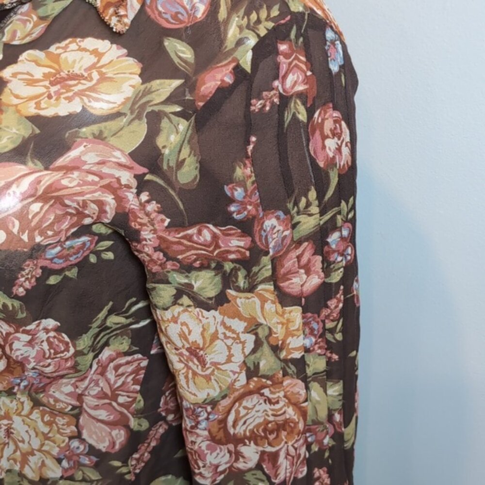 CAbi Pure Silk Top Floral Pintucked Velvet Buttoned Shirt Brown Womens Medium - Picture 6 of 14